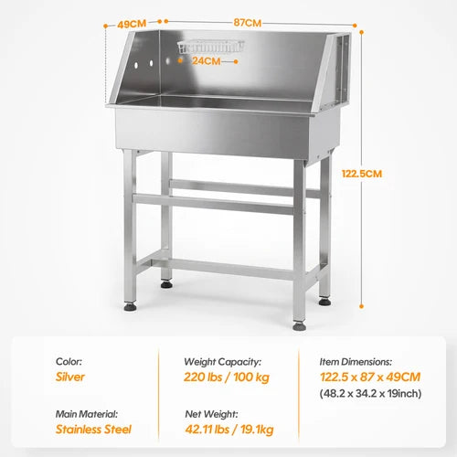 Stainless steel sink with dimensions and specifications on a white background at Pet Servo