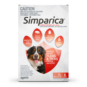 Simparica 6 chews packaging for dogs with a dog's face on it, on a white background at Pet Servo