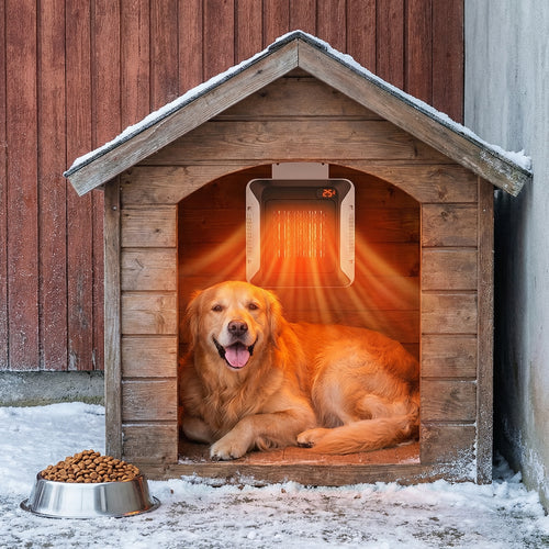 Dog lying in a heated wooden doghouse with a glowing light, surrounded by snow at Pet Servo