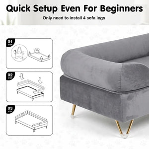 A gray upholstered sofa shown with instructional inset diagrams on the left and text at the top reading 'Quick Setup Even For Beginners' and 'Only need to install 4 sofa legs.' The product appears to be a modular or assembled sofa with gold-toned legs, photographed on a light neutral background at Pet Servo