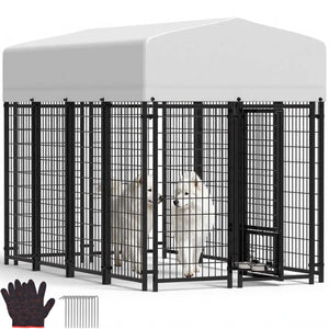 Dog in a large black metal dog pen with a white cover, gloves, and additional panels on a white background at Pet Servo