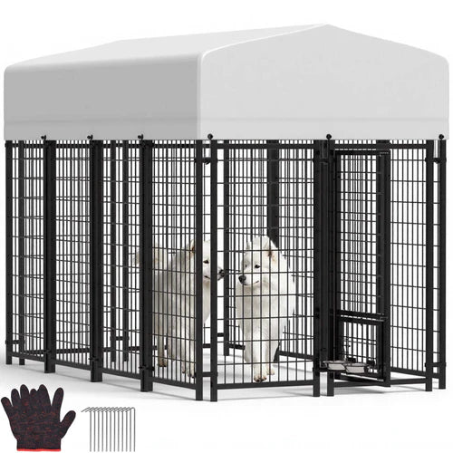 Dog in a large black metal dog pen with a white cover, gloves, and additional panels on a white background at Pet Servo