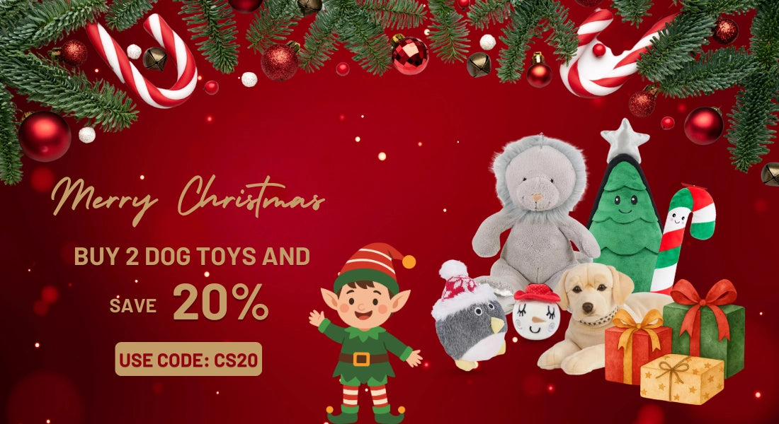 Promotional Christmas advertisement with dog toys and elf on a red background