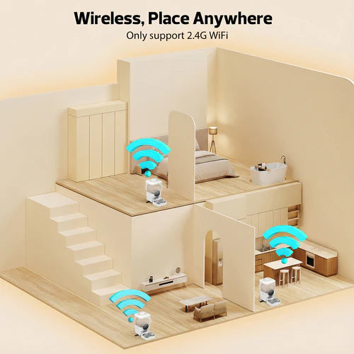 Smart home setup with wireless devices in a modern living space, featuring text about wireless connectivity at Pet Servo