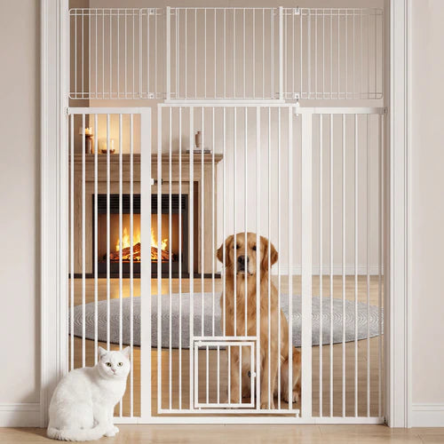 White pet gate with a dog and cat inside, fireplace in the background at Pet Servo