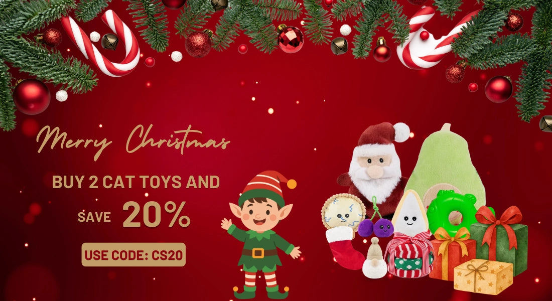 Promotional Christmas advertisement with cat toys and festive decorations on a red background.