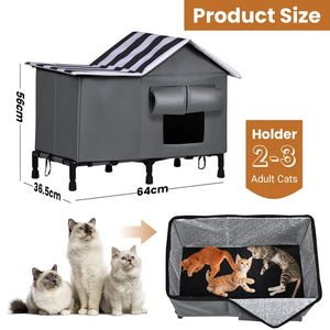 Gray elevated cat house with a striped roof cover, shown with dimension labels, three cats sitting below, and a folded view of the interior with several cats inside. Text reads 'Product Size' and 'Holder 2-3 Adult Cats' at Pet Servo