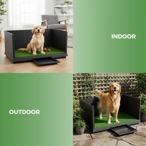 Dog using a portable grass pad in indoor and outdoor settings at Pet Servo