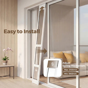 Glass sliding door system with text indicating ease of installation and adjustable spring mechanism at Pet Servo