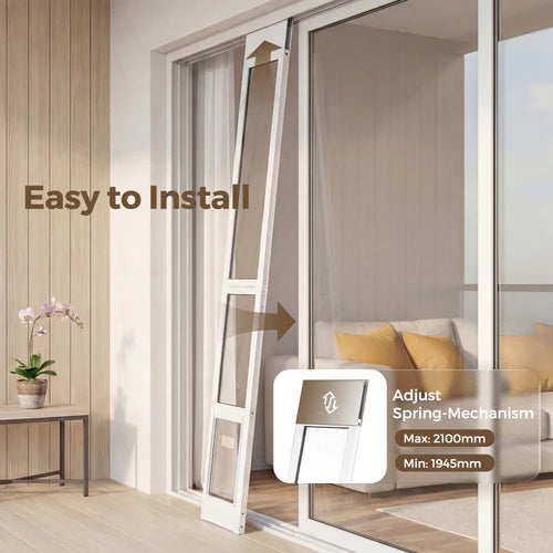 Glass sliding door system with text indicating ease of installation and adjustable spring mechanism at Pet Servo