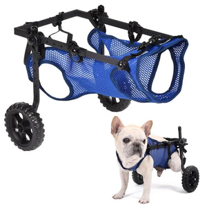 Blue mesh dog wheelchair with black frame and wheels, shown empty at the top and worn by a small white French bulldog at the bottom on a white background at Pet Servo
