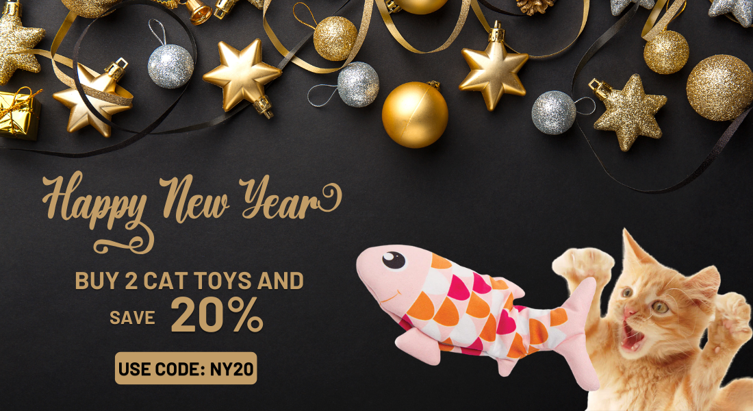 Promotional banner for a pet store with cat toys, ornaments, and a cat, featuring a 'Happy New Year' message and discount offer.