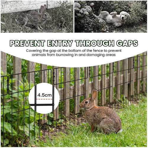Fence with a gap, rabbit, dog, and text about preventing animals from burrowing at Pet Servo