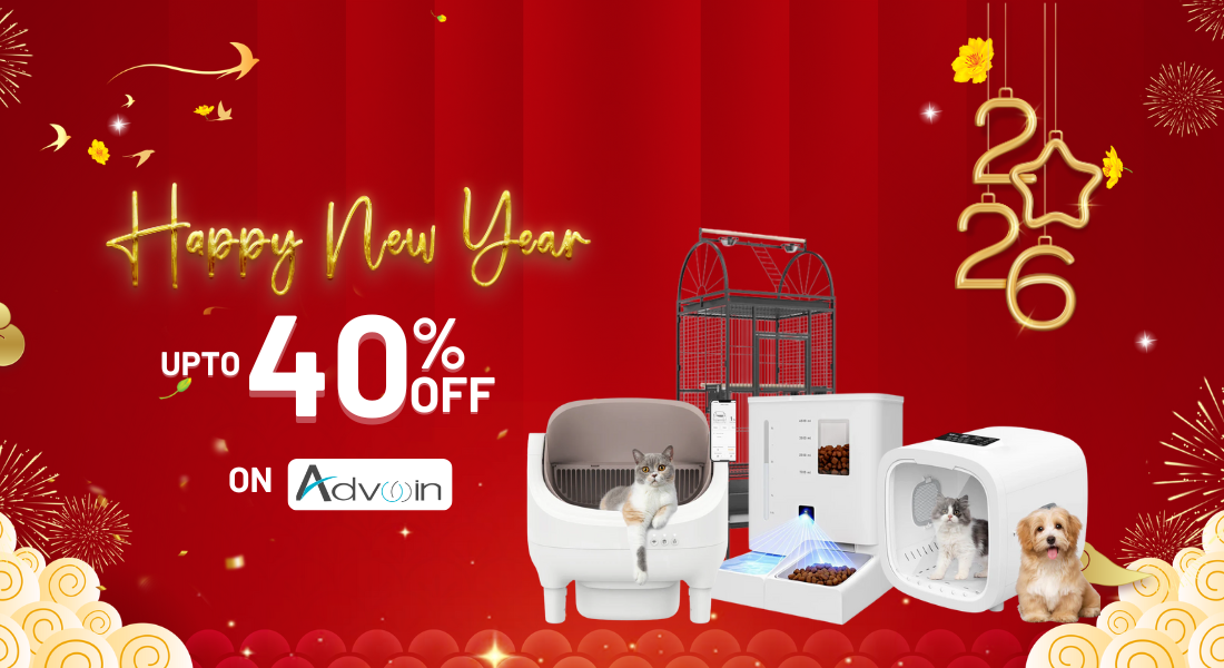 Promotional banner with pet products on a red background, featuring 'Happy New Year' text and discounts.