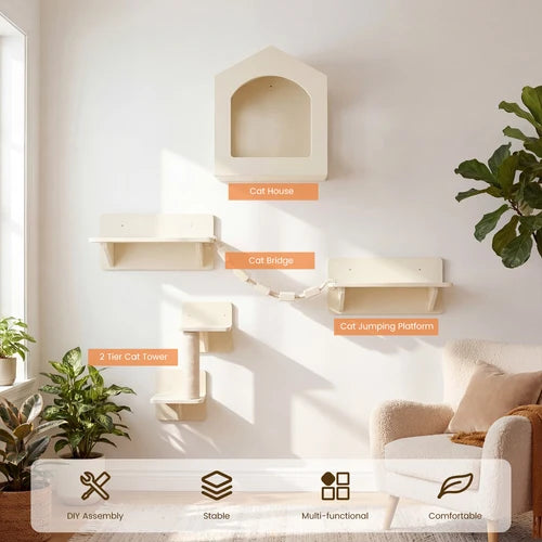 A wall-mounted cat climbing and play set in a bright room, including a house-shaped cat house, cat bridge, tier cat tower, and jumping platform, with orange labels overlaid on the photo at Pet Servo