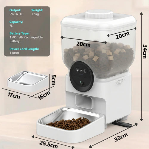 Pet food dispenser with dimensions and specifications on a beige background at Pet Servo