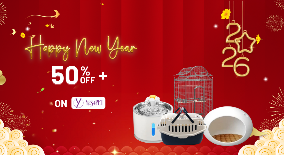 Promotional banner with pet supplies on a red background, featuring 'Happy New Year' and '2026' text.