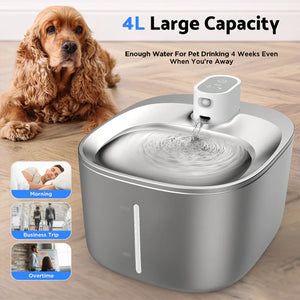 Dog next to a pet water fountain with text about large capacity and usage scenarios at Pet Servo