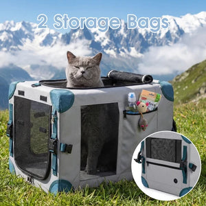 Cat inside a portable pet carrier with mountains in the background at Pet Servo