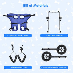 Bill of Materials graphic showing the included parts of a pet harness and cart wheel setup: a blue mesh chest and back cover, a black shelf and screws frame, two black dog leg fixed belts, and enhanced wheels for stability, on a light blue patterned background at Pet Servo