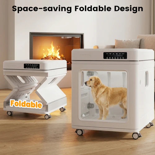 Foldable pet crate with a dog inside, shown in a living room setting at Pet Servo
