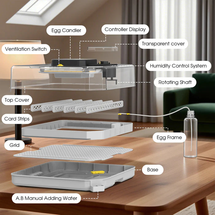 Diagram of a poultry incubator with labeled parts on a wooden table.