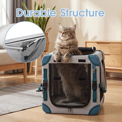 Cat sitting on a pet carrier with 'Durable Structure' text and close-up inset at Pet Servo