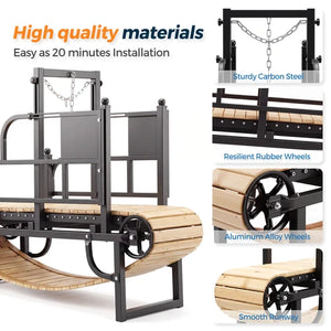 Outdoor playground climbing frame made of sturdy carbon steel, aluminum alloy, and resilient rubber wheels, with text highlighting high-quality materials and easy 20-minute installation at Pet Servo
