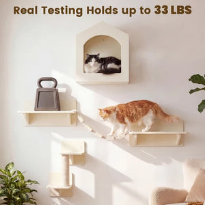 A wall-mounted cat climbing and resting system in a warm cream tone, shown with two cats in a bright room. One cat is curled up inside the house-shaped top perch, and another walks along the lower platform at Pet Servo