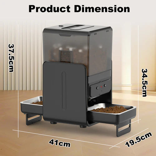 Pet food dispenser with dimensions labeled on a wooden floor at Pet Servo