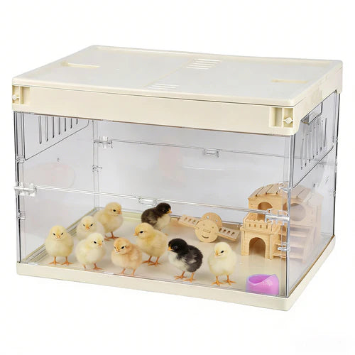 Clear pet cage with small animals inside on a white background at Pet Servo
