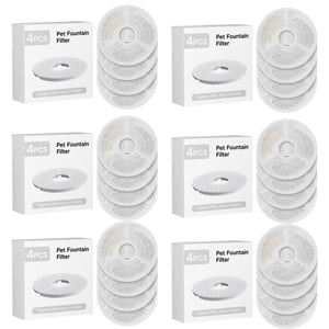 Multiple pet fountain filters with packaging on a white background at Pet Servo
