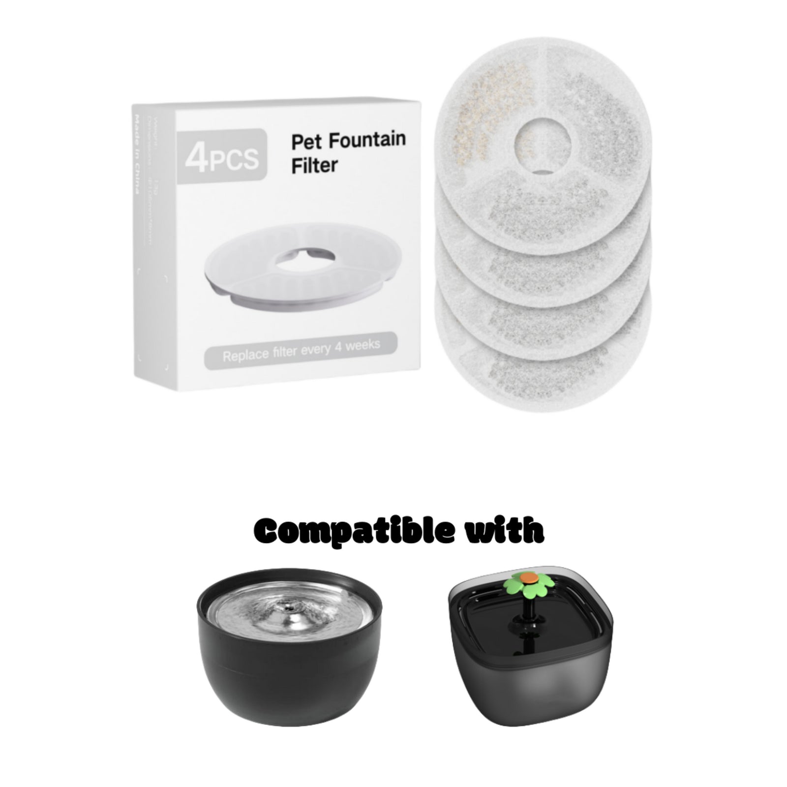 Pet fountain filters with packaging and compatibility text on a white background at Pet Servo