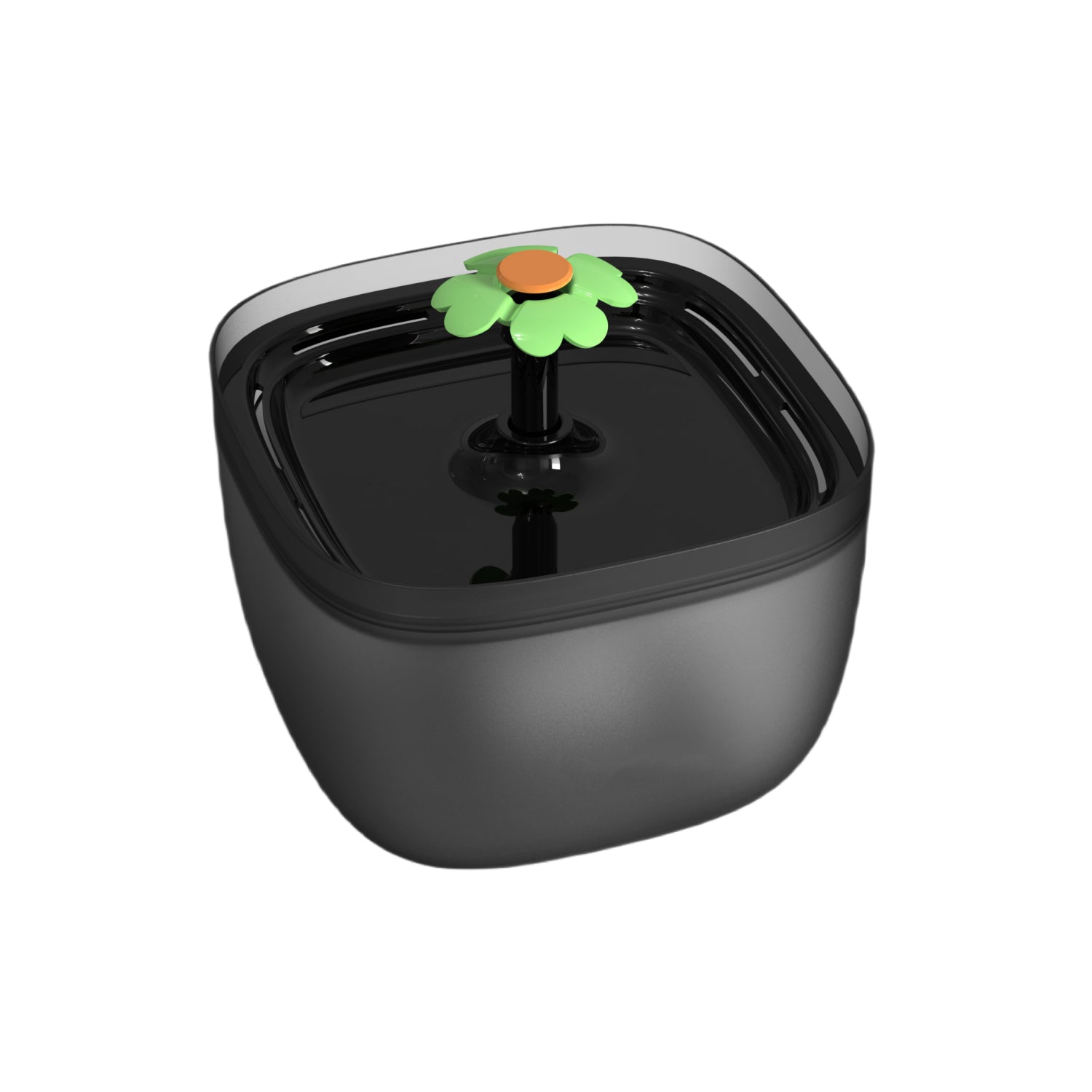 Black pet water bowl with a flower-shaped water spout on a white background at Pet Servo