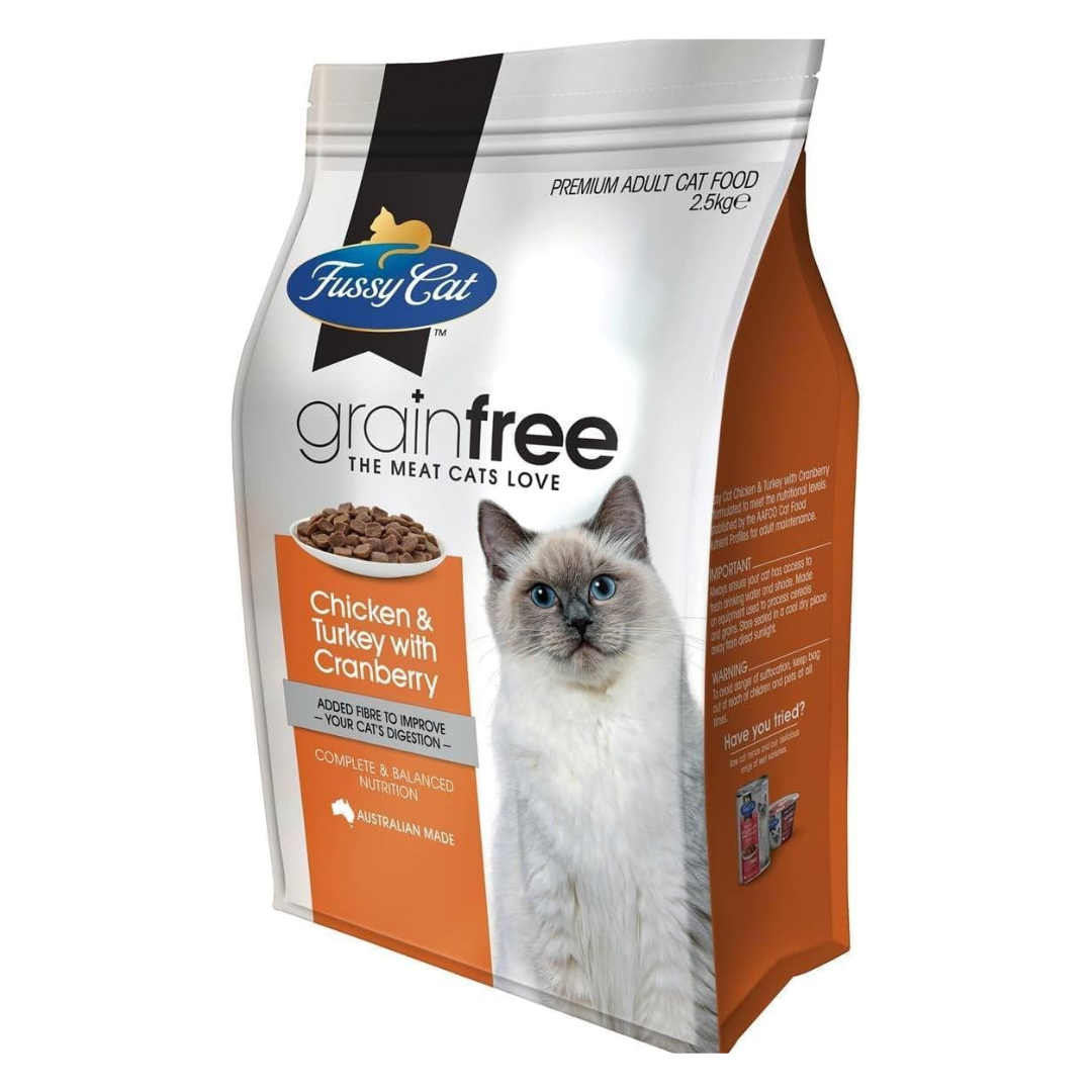 Fussy Cat grain-free cat food 2.5kg pack of 2 package with a cat on the label