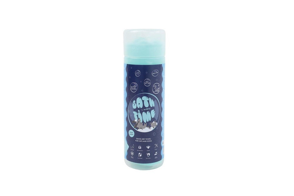 A bottle of Bath Time bath bomb cleaner with a dark blue label and light blue liquid inside, shown on a plain white background at Pet Servo