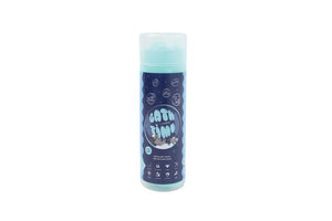 A bottle of Bath Time bath bomb cleaner with a dark blue label and light blue liquid inside, shown on a plain white background at Pet Servo