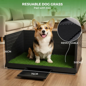 Dog sitting on a resuable dog grass pad with tray in a living room setting at Pet Servo