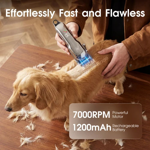 A golden retriever dog lying on a wooden table while a person uses a silver and black pet grooming clipper with a blue light effect on the dog's back. Shaved fur is scattered on the table at Pet Servo
