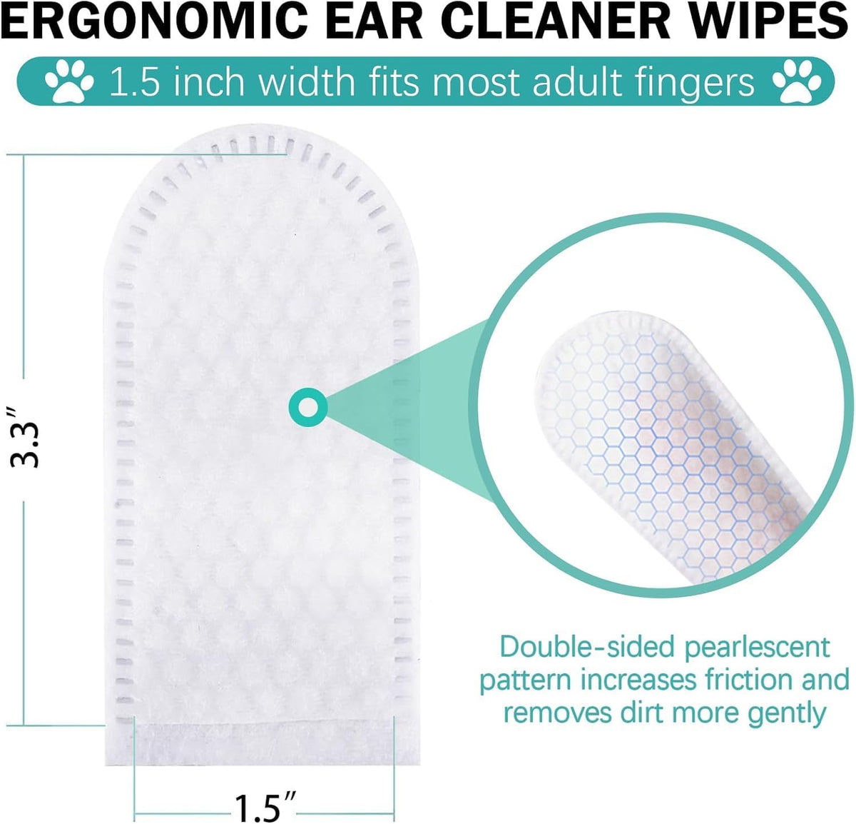 Ergonomic ear cleaner wipes with measurements and design details on a white background at Pet Servo