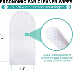 Ergonomic ear cleaner wipes with measurements and design details on a white background at Pet Servo