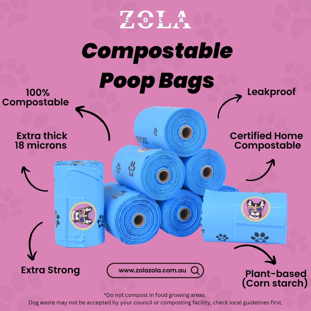 Zola compostable poop bags with features on a pink background at Pet Servo
