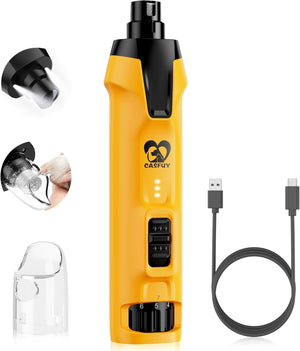 Yellow pet grooming tool with attachments and USB cable on a white background at Pet Servo