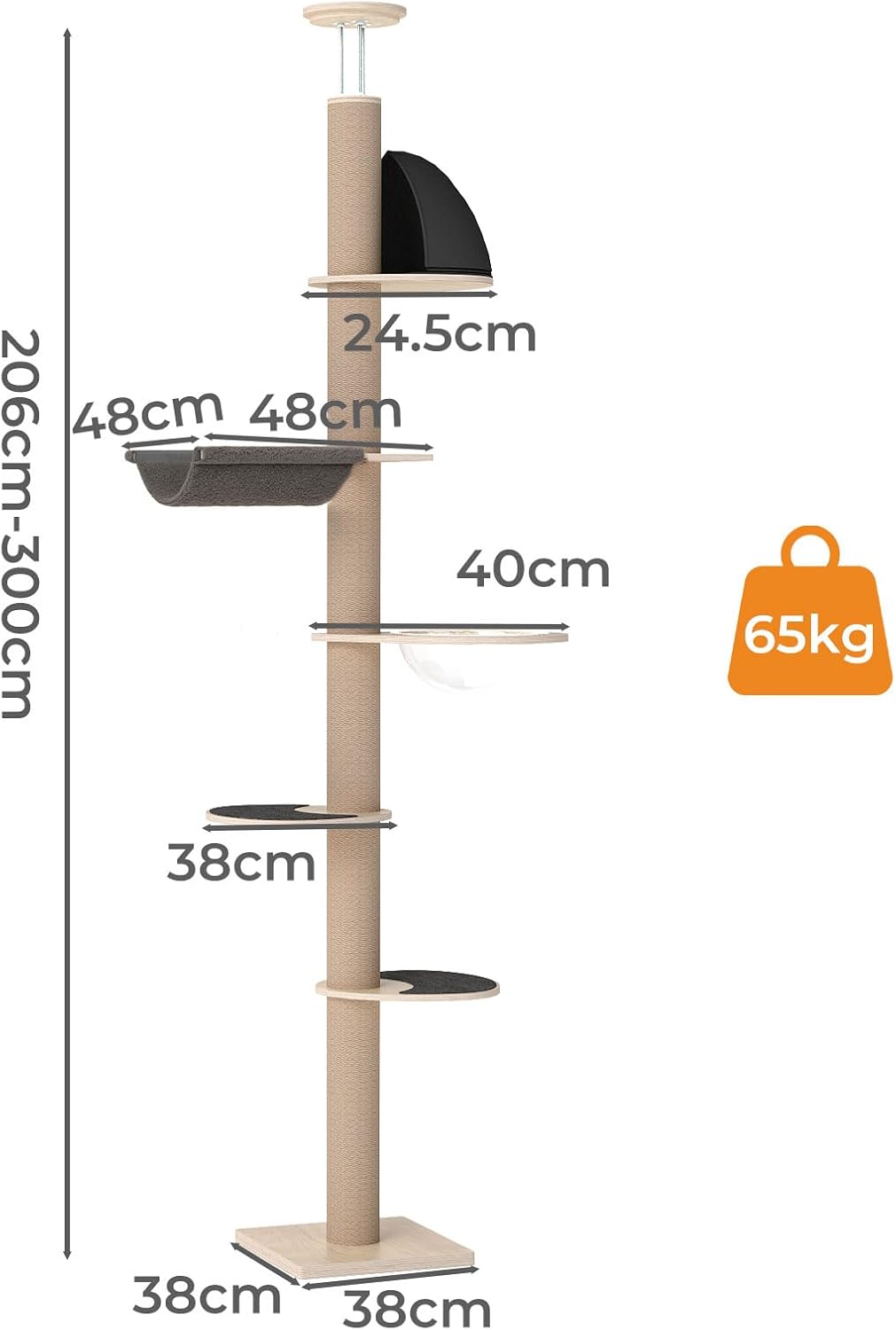 Measurement chart of a cat tree with dimensions and weight capacity at Pet Servo
