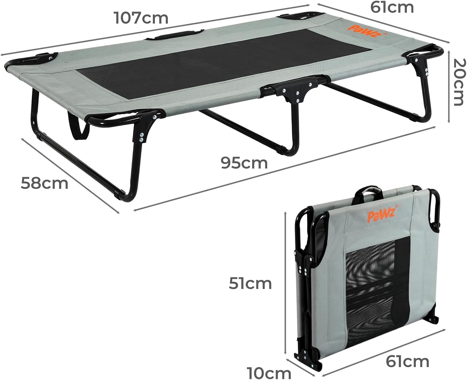 Foldable camping bed with dimensions labeled on a white background at Pet Servo