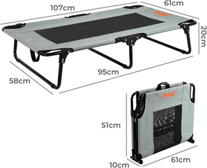 Foldable camping bed with dimensions labeled on a white background at Pet Servo