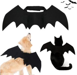 Black bat wings costume for a dog on a white background with additional bat wings displayed at Pet Servo