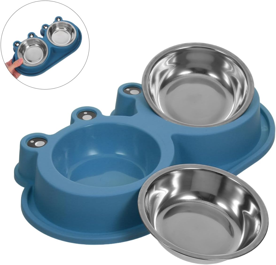 Blue pet feeder and waterer bowl holder with two stainless steel bowls, shown on a white background with a circular inset demonstrating the fold-out dual-bowl function at Pet Servo