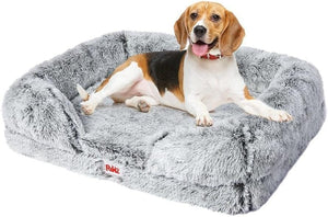 Dog lying on a fluffy gray pet bed with a white background at Pet Servo
