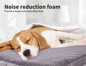 Dog sleeping on a noise reduction foam product with text about sleep quality at Pet Servo
